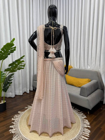 Cream Colour Thead Work Georgette Wedding Wear Lehenga Saree