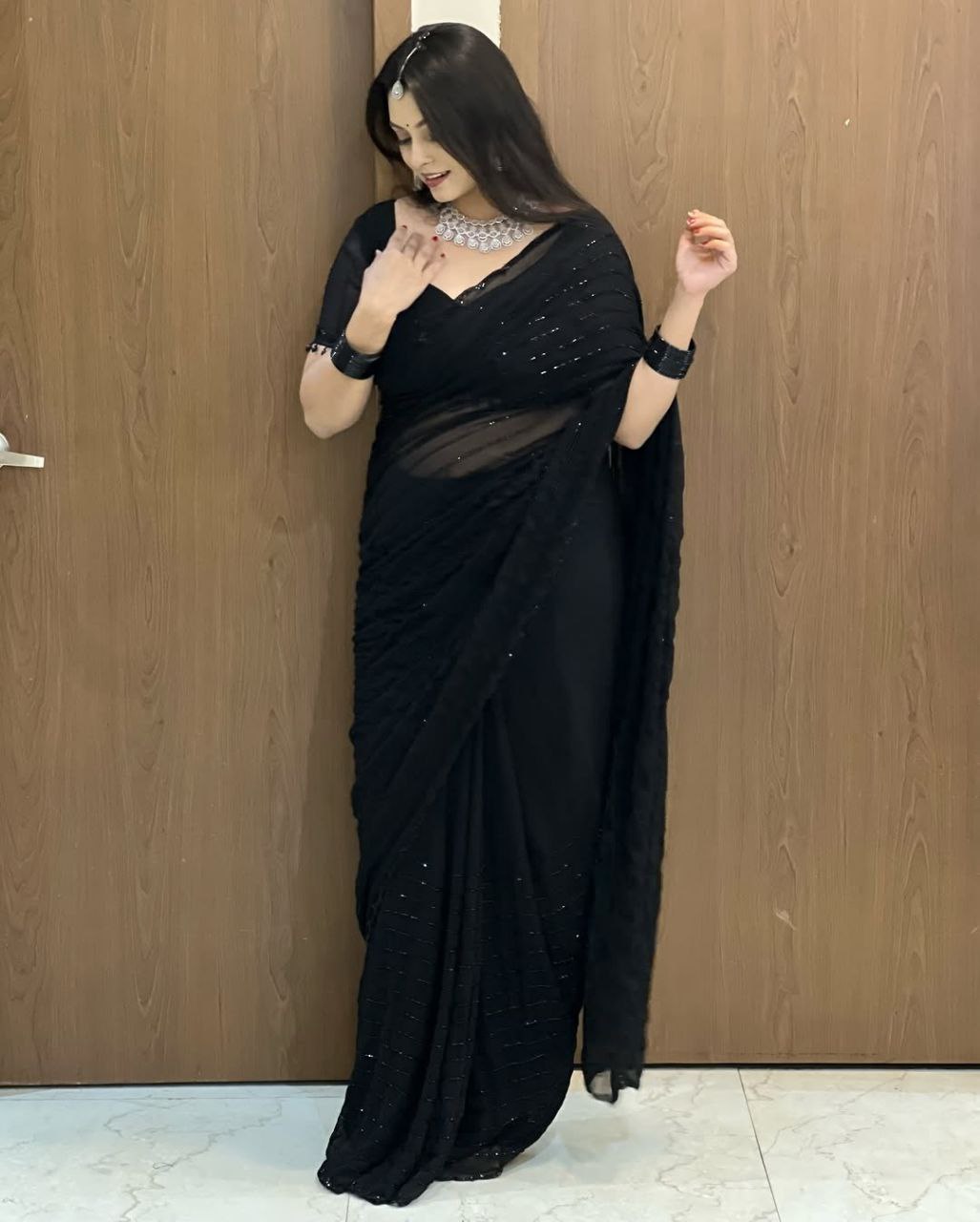 Glamorous Black Pearl Handwork Georgette Wedding Wear Saree
