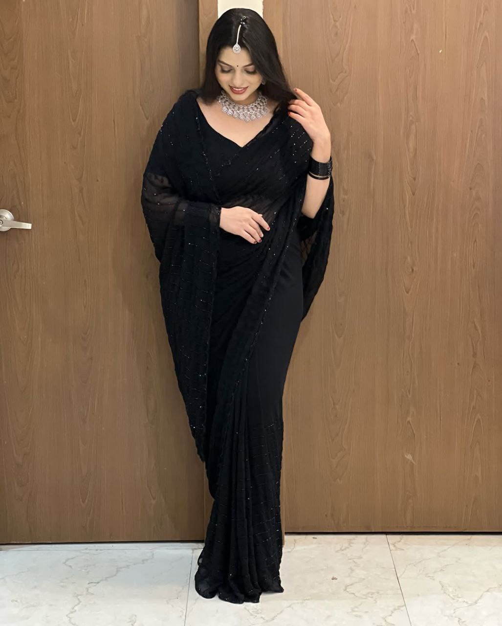 Glamorous Black Pearl Handwork Georgette Wedding Wear Saree