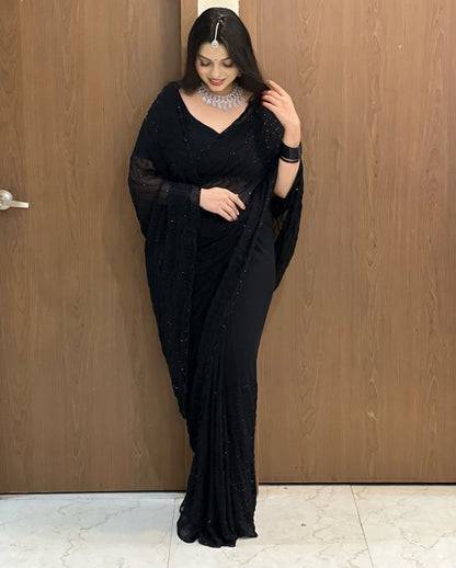 Glamorous Black Pearl Handwork Georgette Wedding Wear Saree