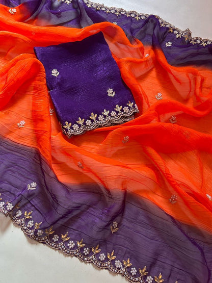 New Fancy Chiffon Crush Silk Embroidery Worked Saree With Cut Worked