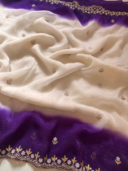 New Fancy Chiffon Crush Silk Embroidery Worked Saree With Cut Worked