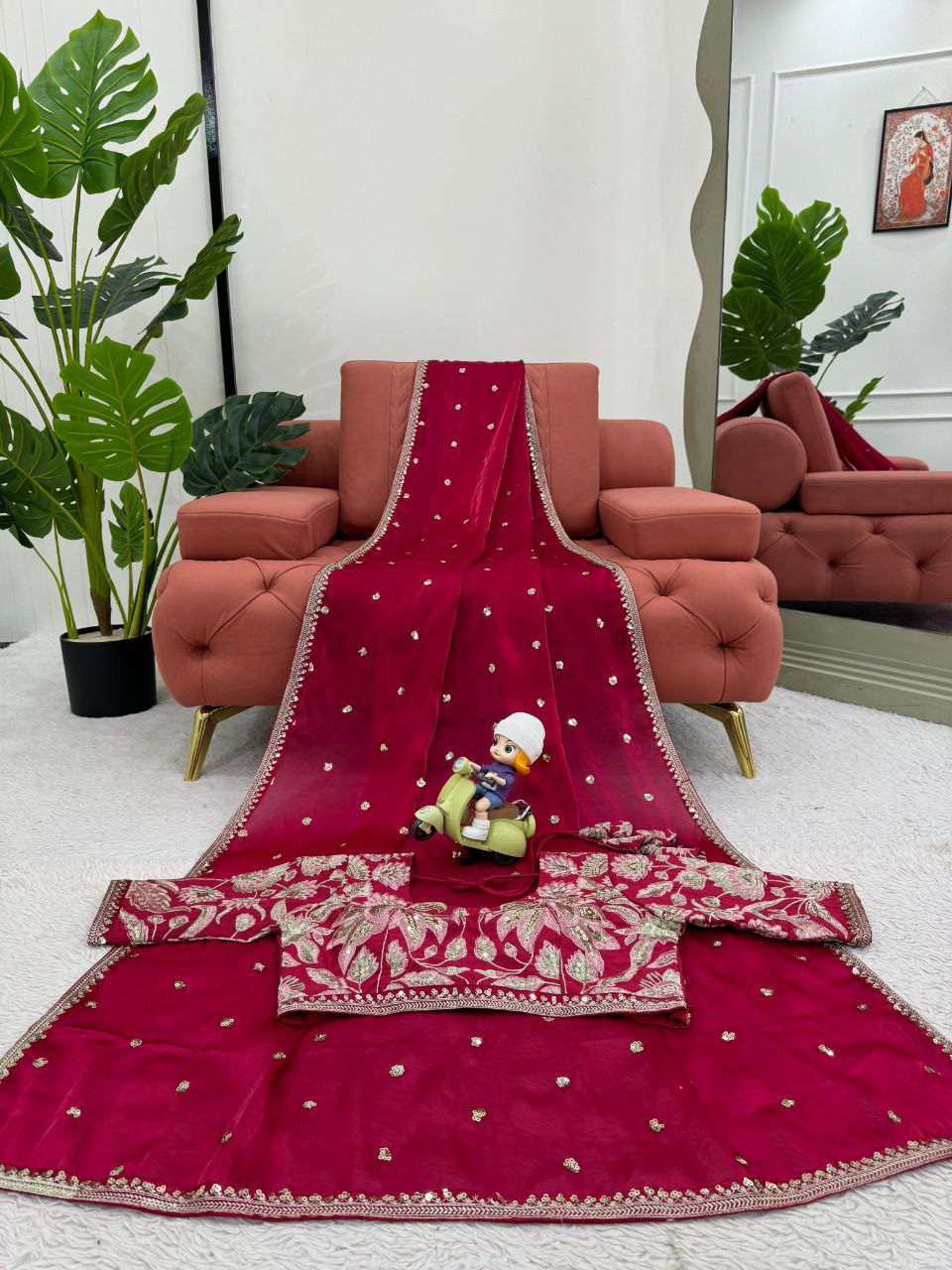 Elegance Pink Cherry Jimmy Chu Silk Sequence Work Saree With Heavy Fancy Blouse