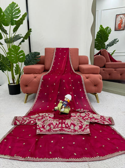 Elegance Pink Cherry Jimmy Chu Silk Sequence Work Saree With Heavy Fancy Blouse
