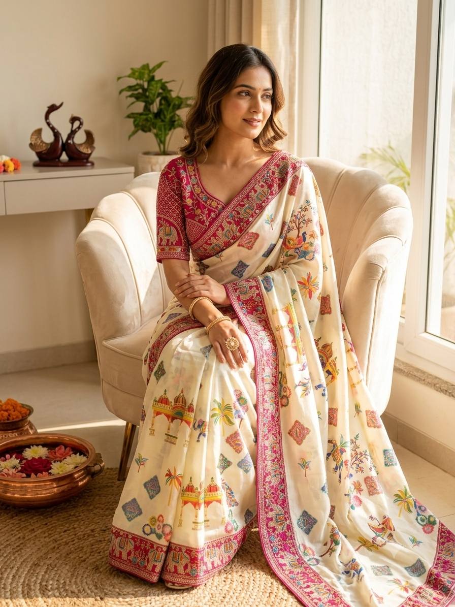 Elegant Printed Chinnon Silk Saree with Sequin Embroidery Work Stich Blouse
