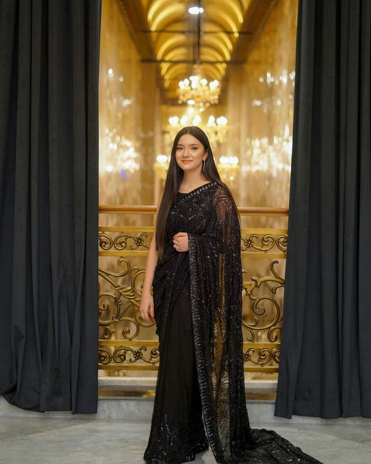 Attractive Black Colour Sequence Worked Party Wear Saree