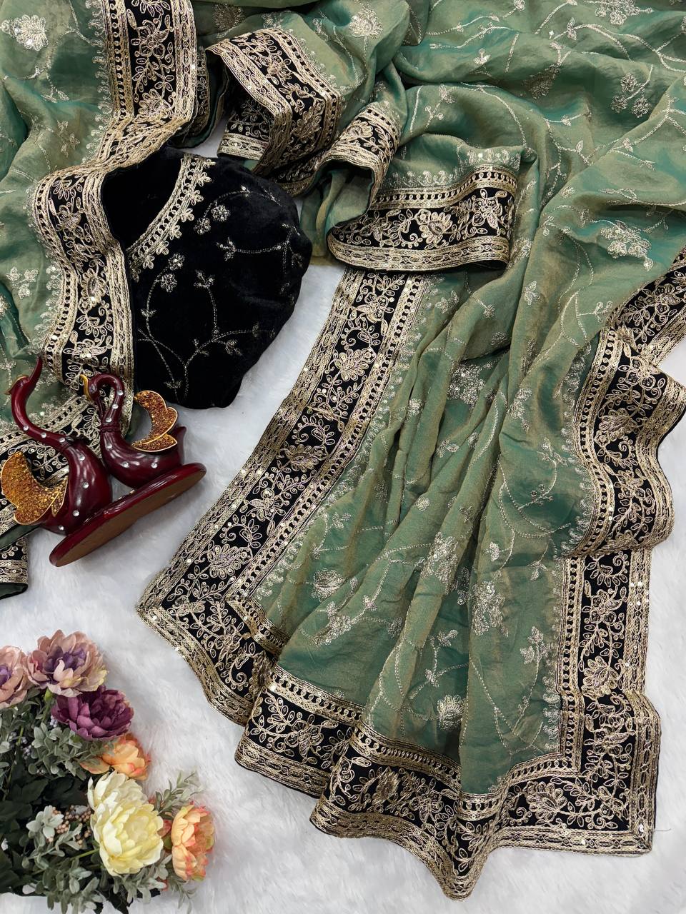 Regal Glow Moss Silk Embroidered Designer Saree