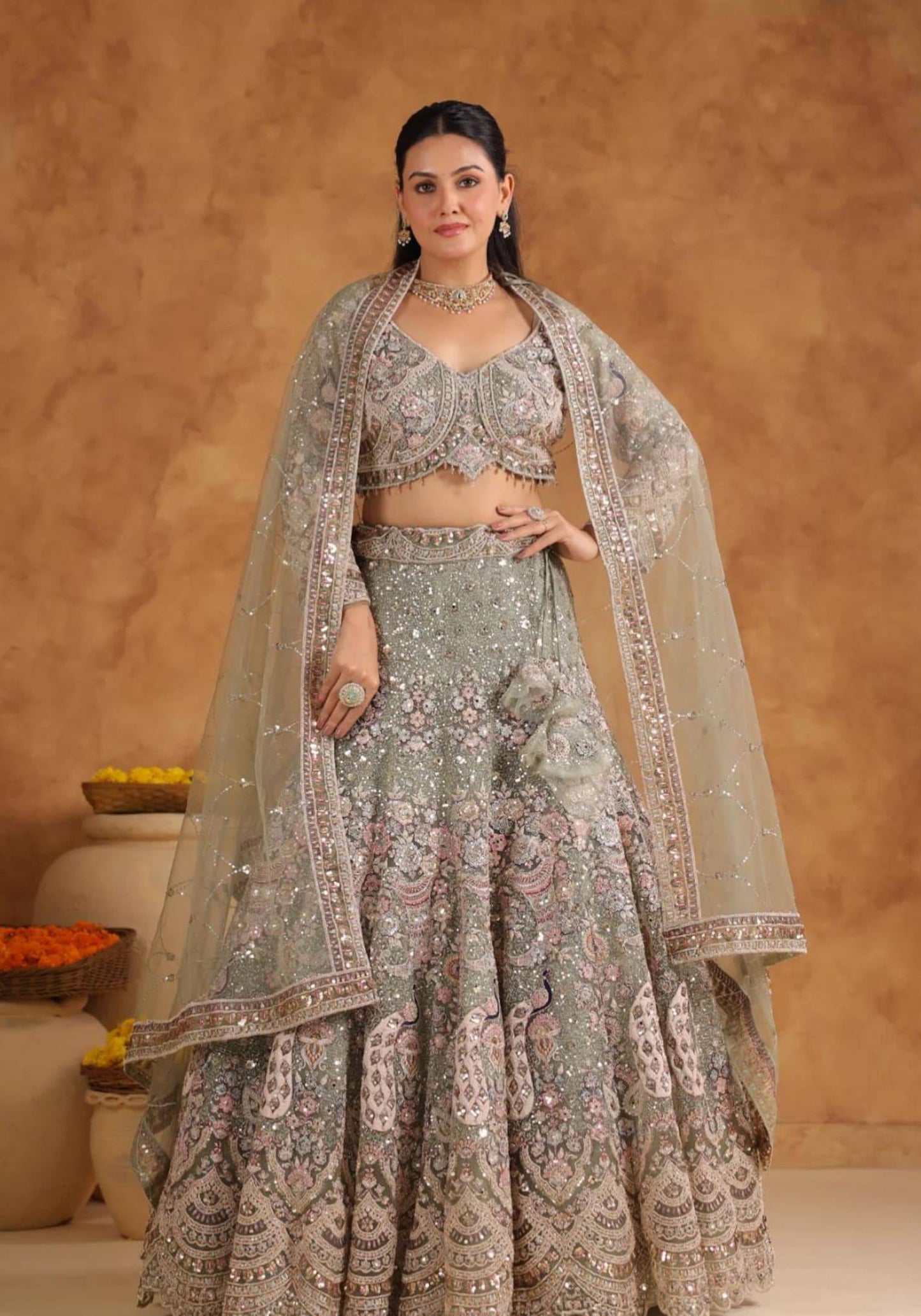 Elegant Butterfly Net Sequins Bridal Style Lehenga Coli