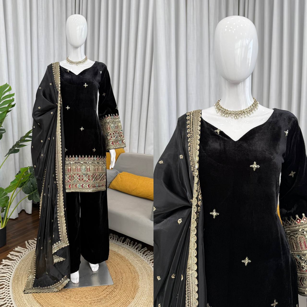 Luxury Velvet Festive Suit with Intricate Coding Work