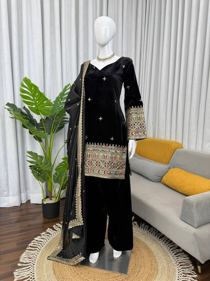 Luxury Velvet Festive Suit with Intricate Coding Work