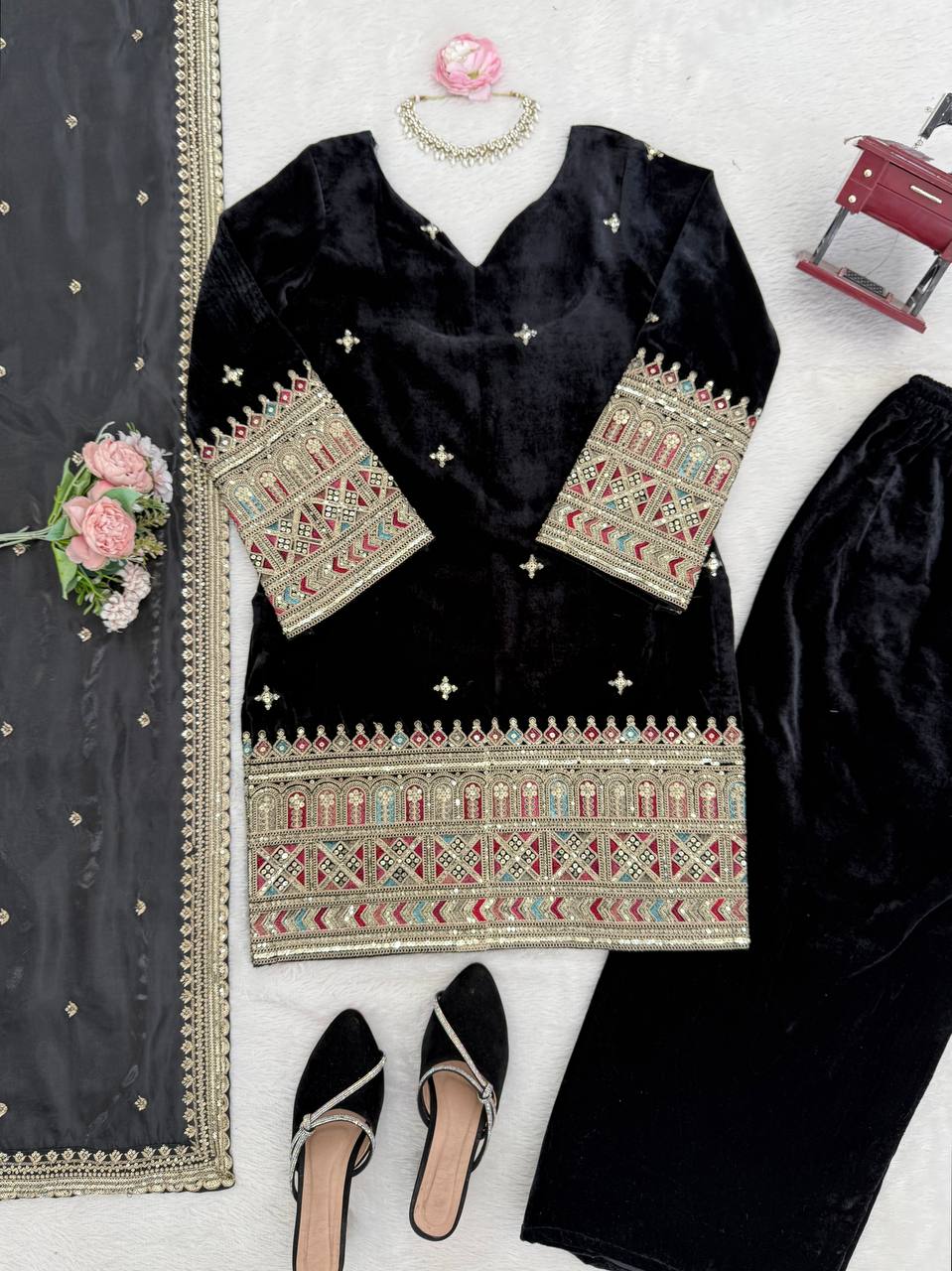Luxury Velvet Festive Suit with Intricate Coding Work