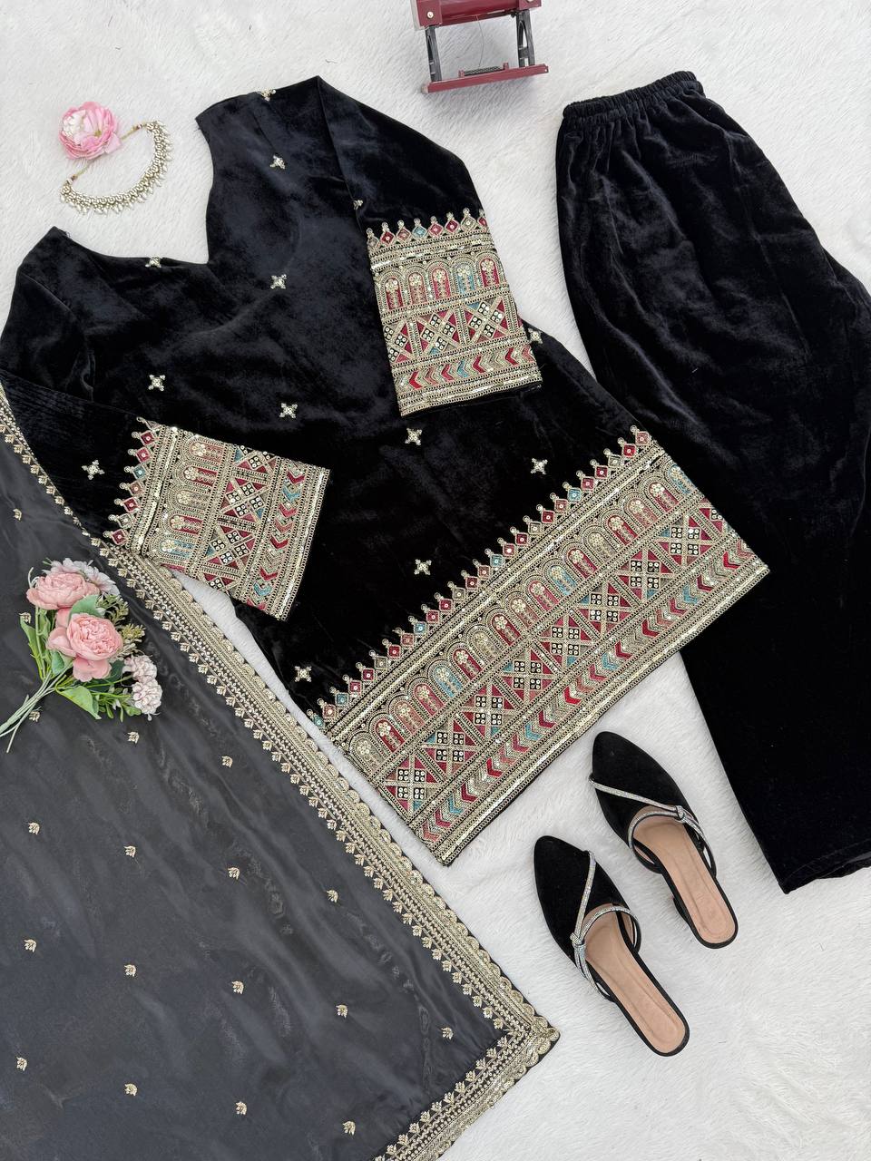 Luxury Velvet Festive Suit with Intricate Coding Work