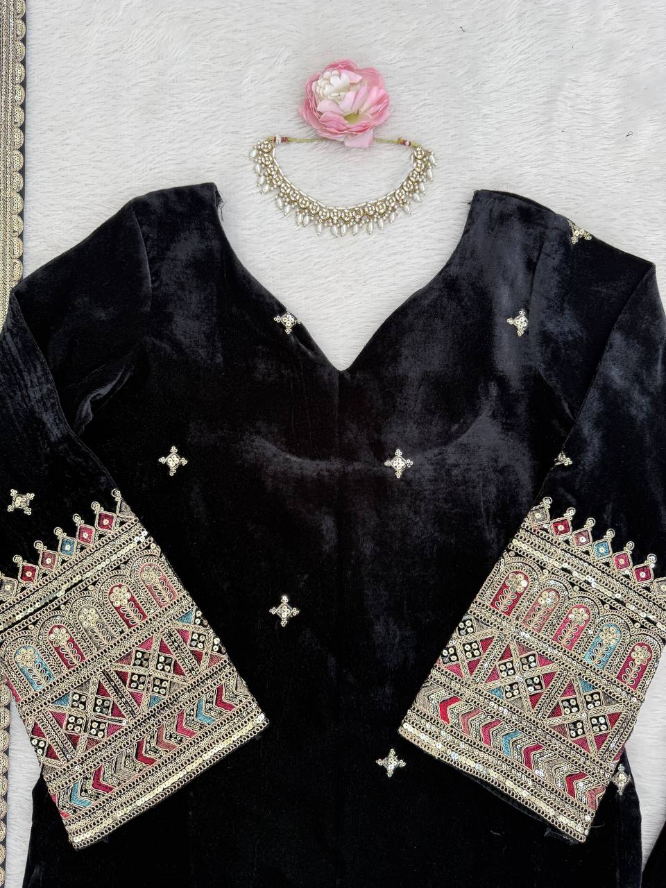 Luxury Velvet Festive Suit with Intricate Coding Work