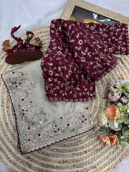 Premium Jimmy Chu Saree with Heavy Sequins Stiched Blouse