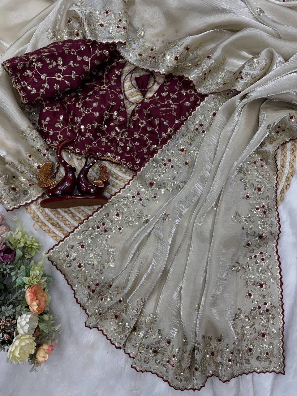 Premium Jimmy Chu Saree with Heavy Sequins Stiched Blouse