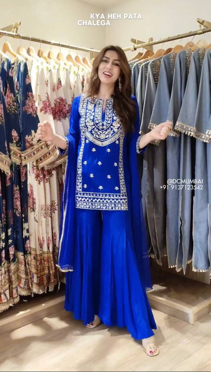 Graceful Faux Georgette Threadwork Sharara Set with Lace Dupatta