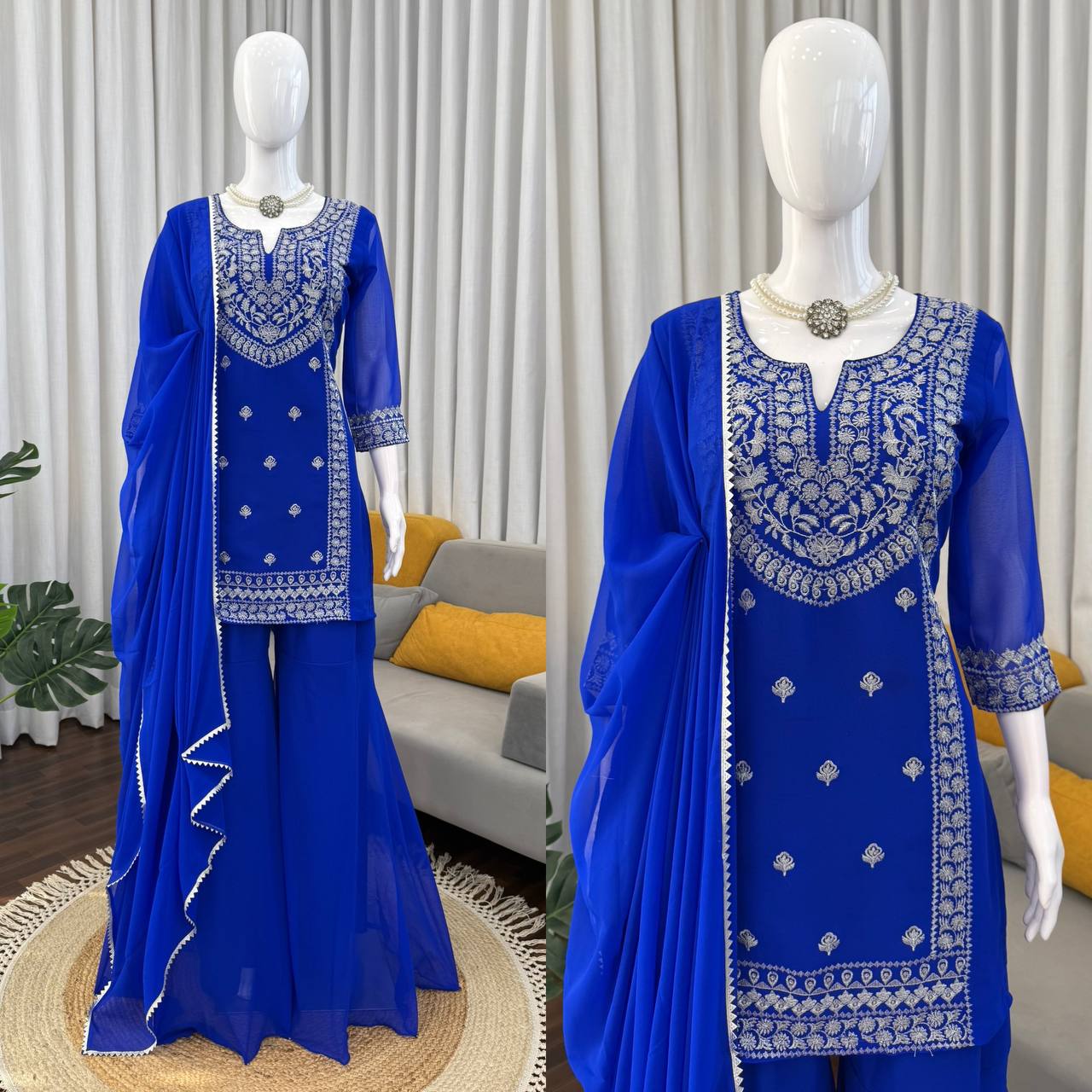 Graceful Faux Georgette Threadwork Sharara Set with Lace Dupatta