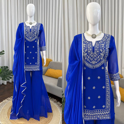 Graceful Faux Georgette Threadwork Sharara Set with Lace Dupatta
