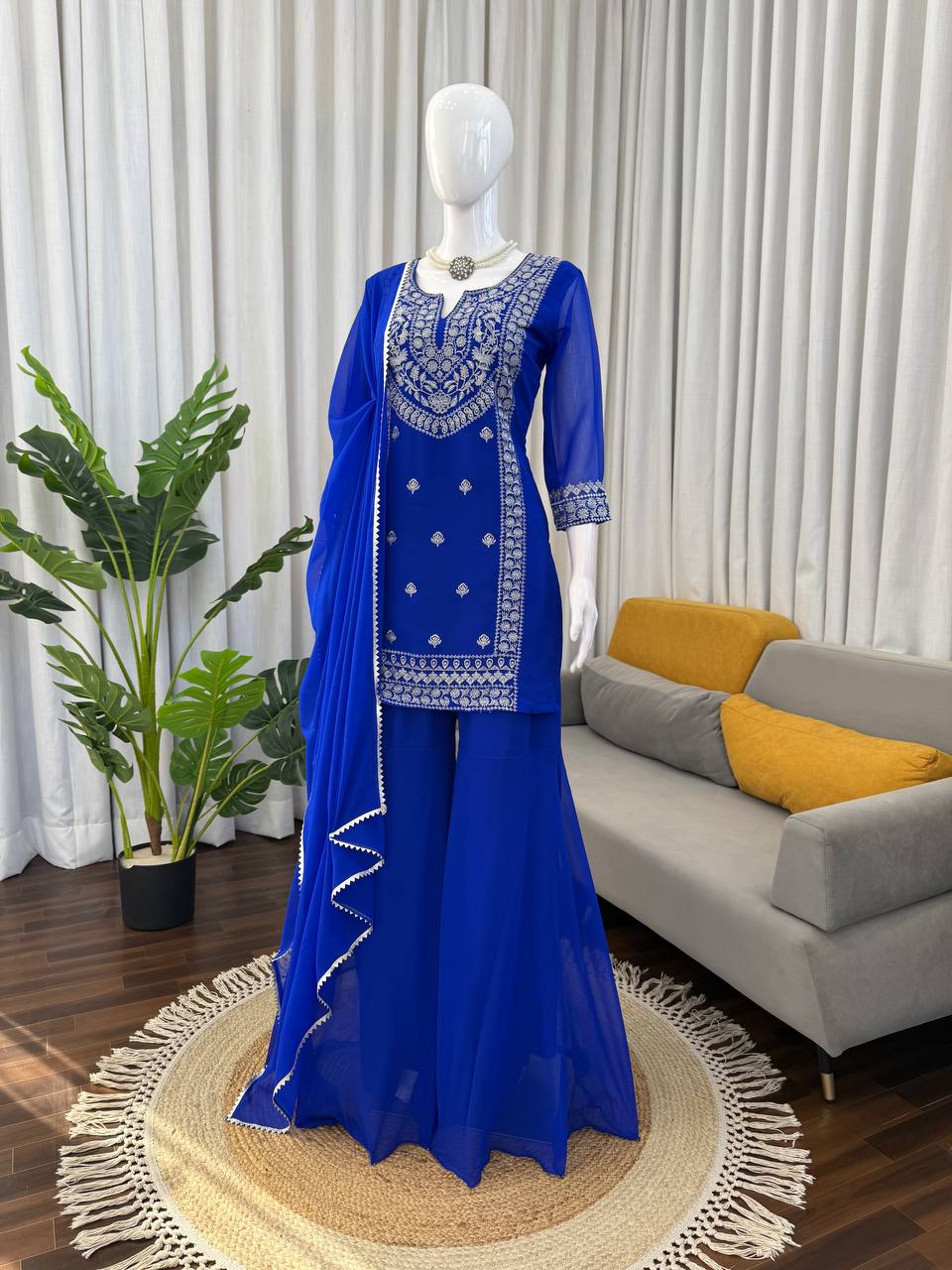 Graceful Faux Georgette Threadwork Sharara Set with Lace Dupatta