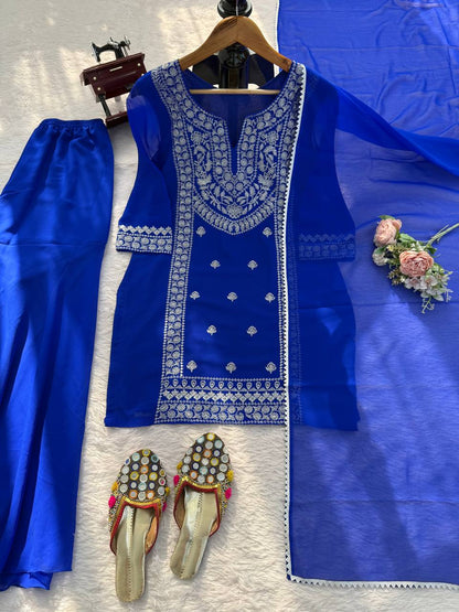 Graceful Faux Georgette Threadwork Sharara Set with Lace Dupatta