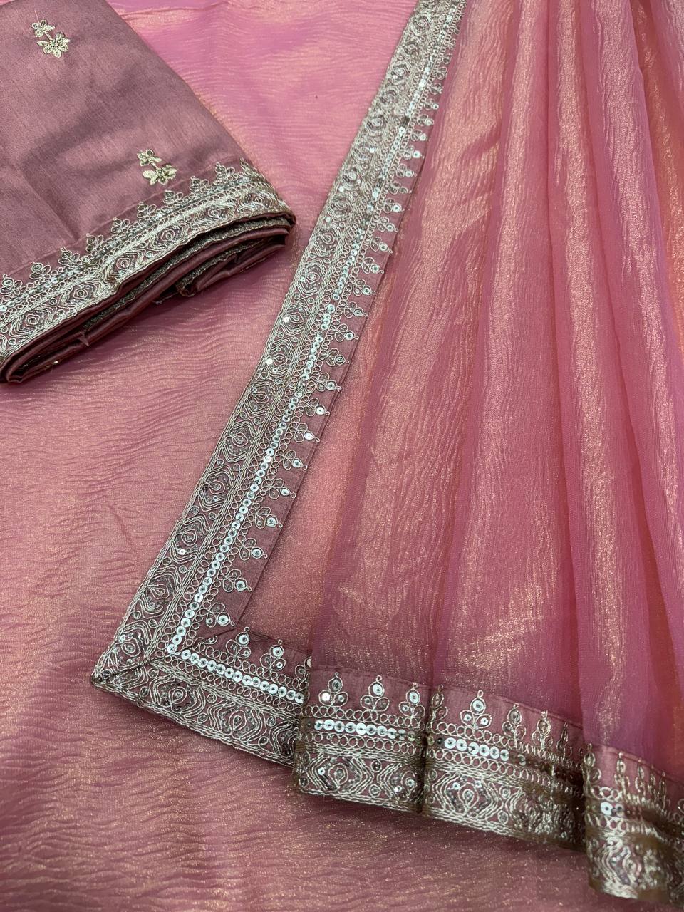 Royal Banarasi Crush Twill Saree with Sequin & Dori Embroidery