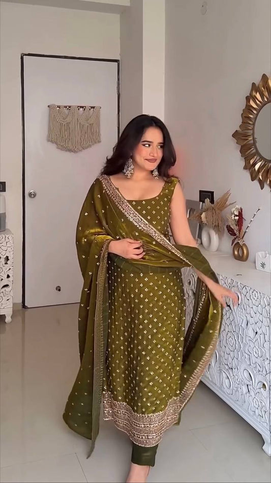 Pure Elegance Fendy Silk Designer Suit Set with Embroidered Dupatta