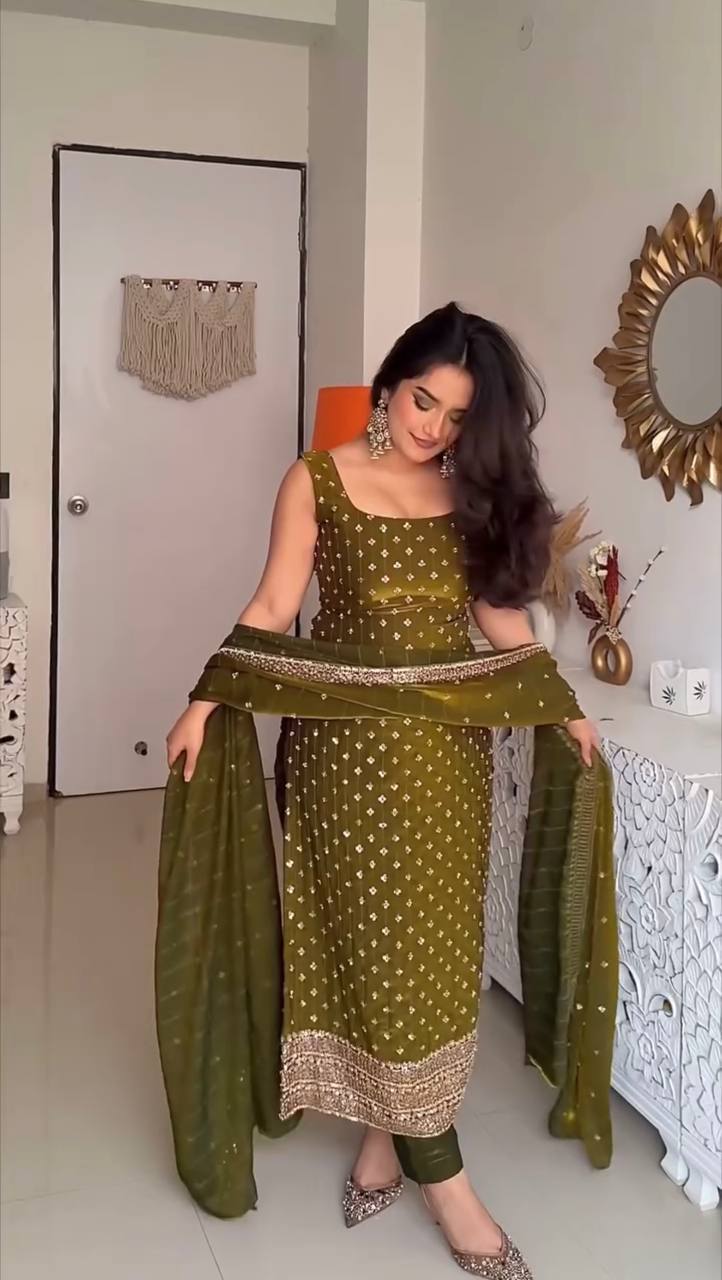 Pure Elegance Fendy Silk Designer Suit Set with Embroidered Dupatta