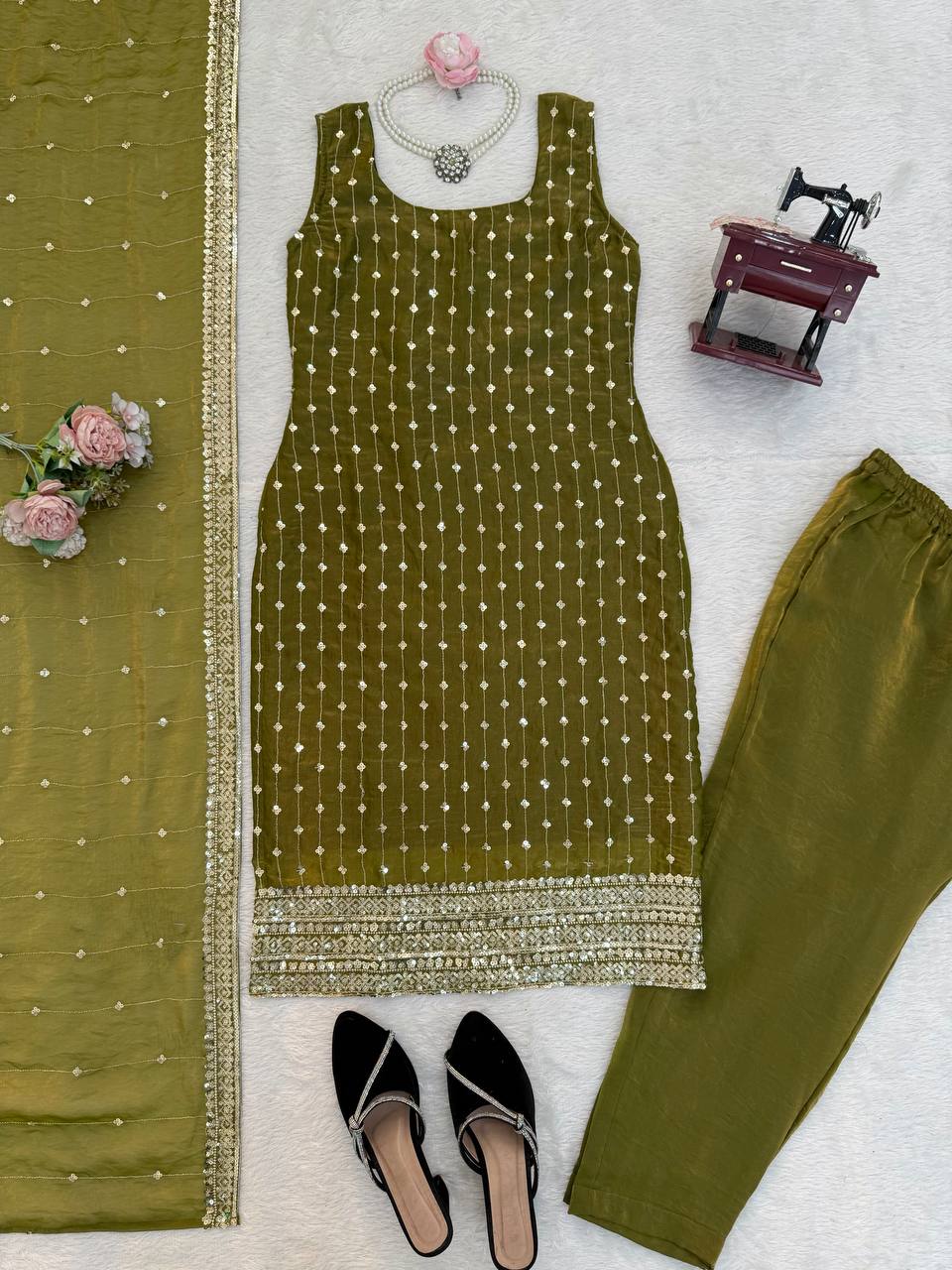 Pure Elegance Fendy Silk Designer Suit Set with Embroidered Dupatta