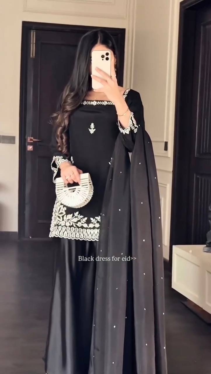 Luxury Heavy Crepe Embroidered Kurti Plazzo Set with Tibby Silk Dupatta