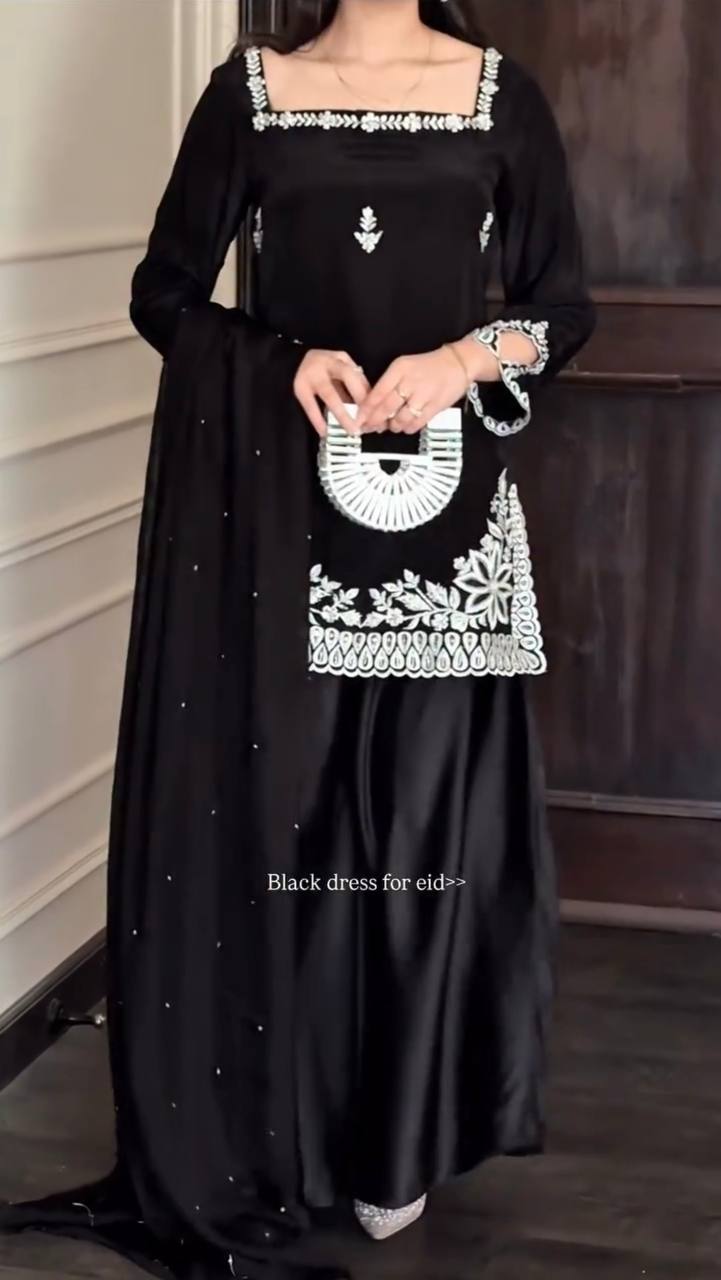 Luxury Heavy Crepe Embroidered Kurti Plazzo Set with Tibby Silk Dupatta