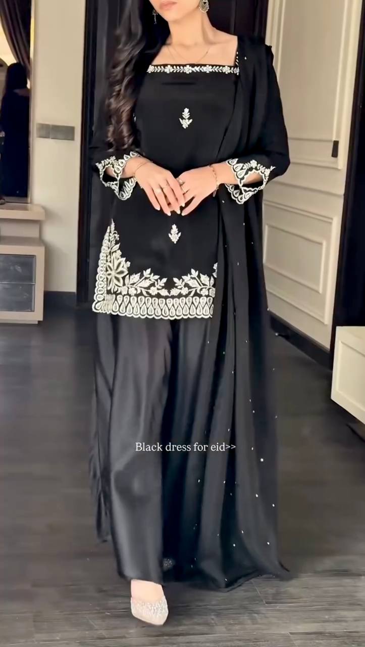 Luxury Heavy Crepe Embroidered Kurti Plazzo Set with Tibby Silk Dupatta