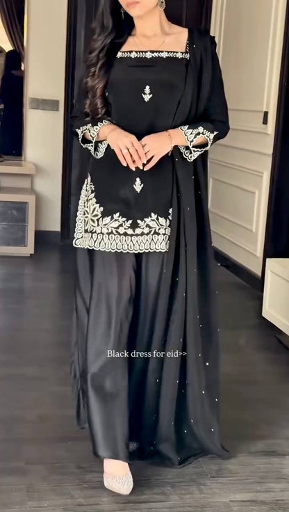Luxury Heavy Crepe Embroidered Kurti Plazzo Set with Tibby Silk Dupatta