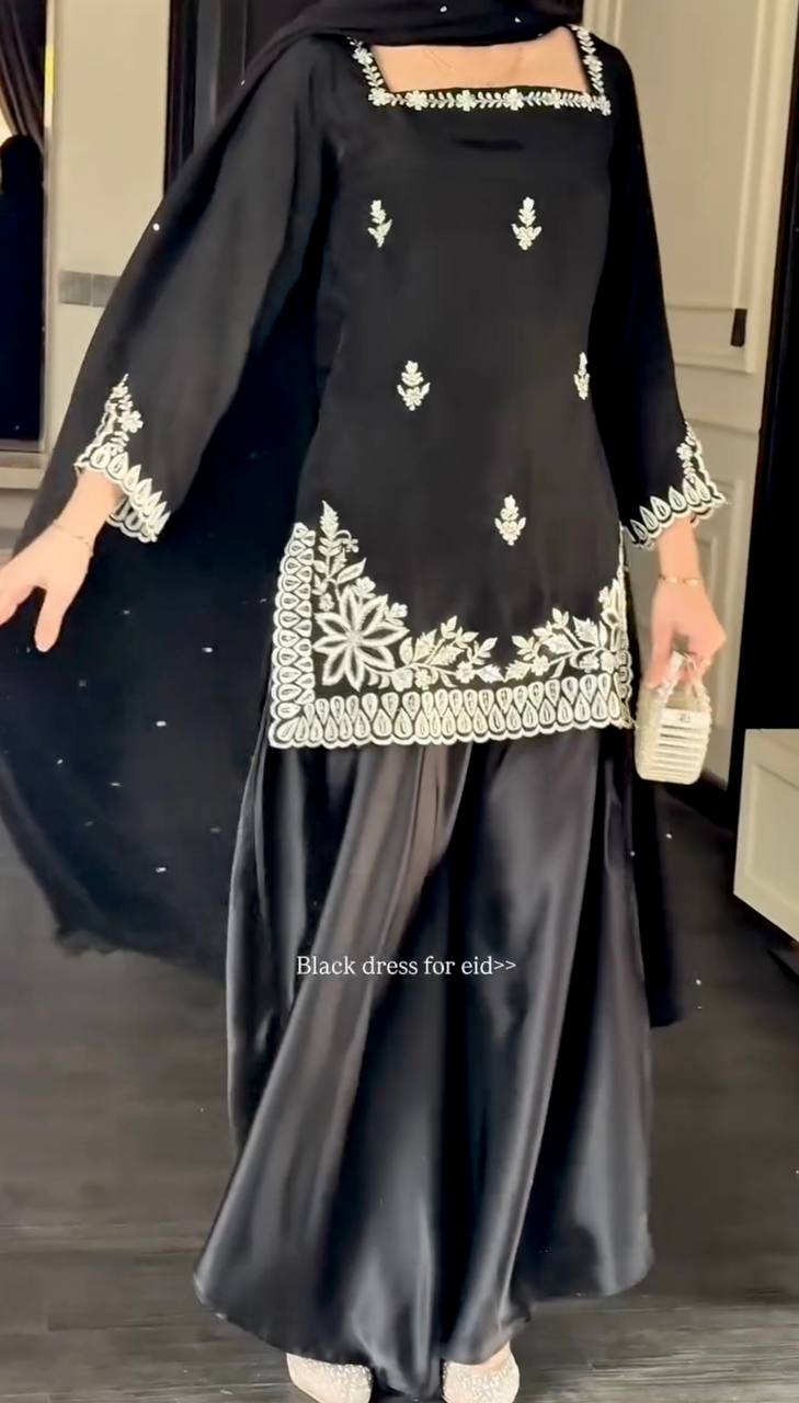 Luxury Heavy Crepe Embroidered Kurti Plazzo Set with Tibby Silk Dupatta