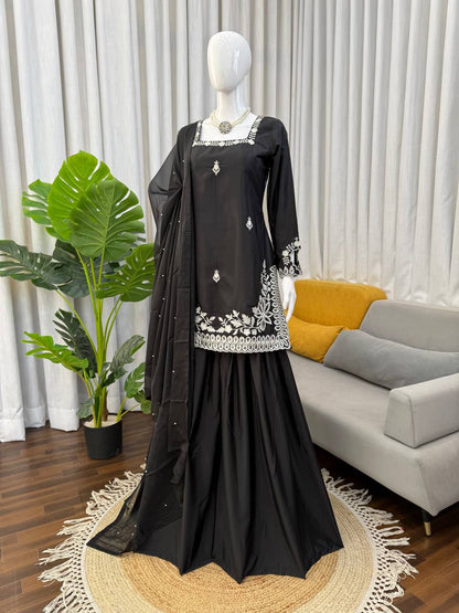 Luxury Heavy Crepe Embroidered Kurti Plazzo Set with Tibby Silk Dupatta