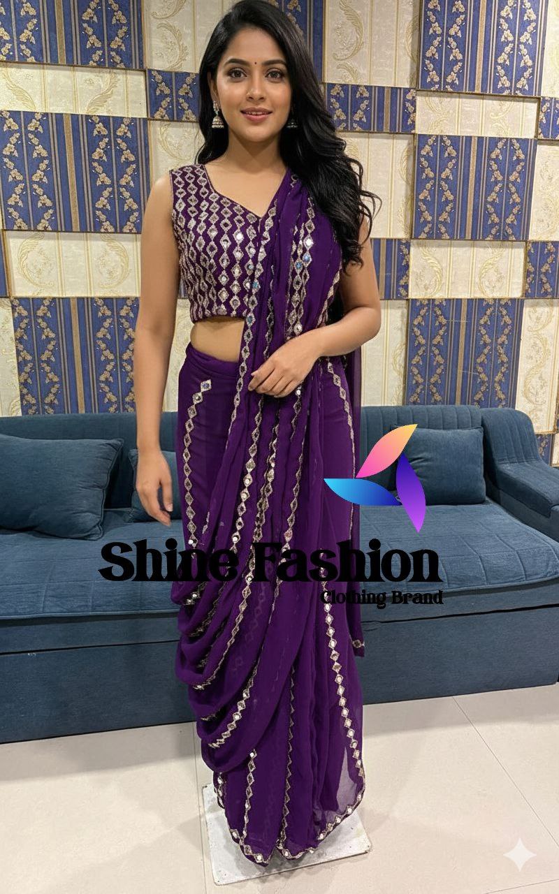 Grand Wedding Wear Embroidary & Mirror Work Faux Georgette Saree