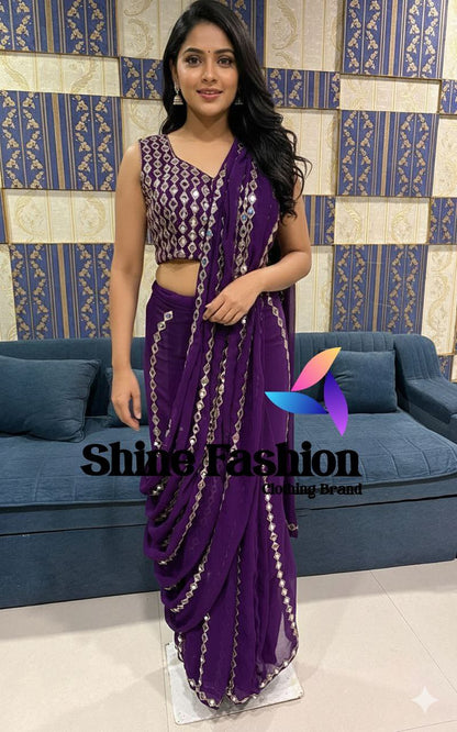 Grand Wedding Wear Embroidary & Mirror Work Faux Georgette Saree
