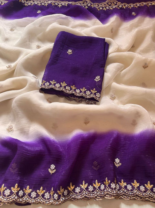 New Fancy Chiffon Crush Silk Embroidery Worked Saree With Cut Worked