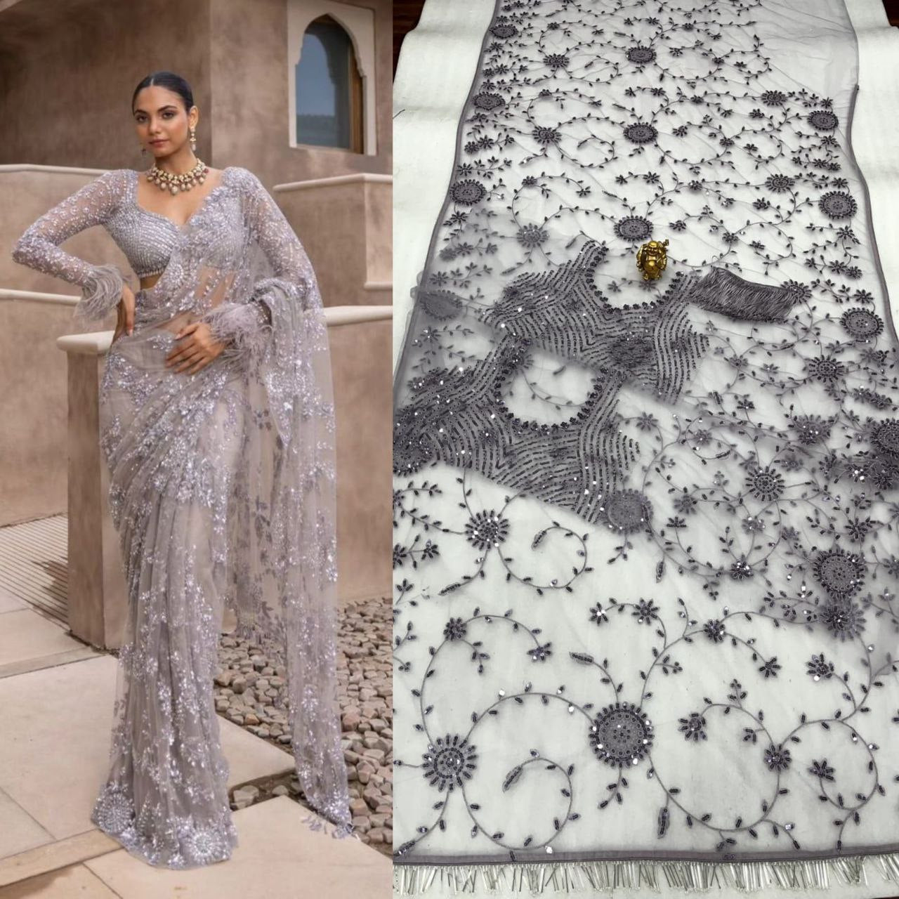 Red Colour Soft Net Party Wear Sequence Work Saree With Heavy Blouse