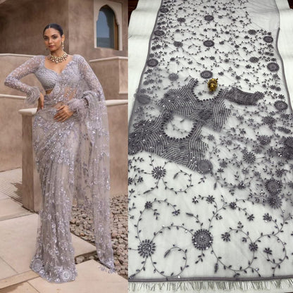 Red Colour Soft Net Party Wear Sequence Work Saree With Heavy Blouse