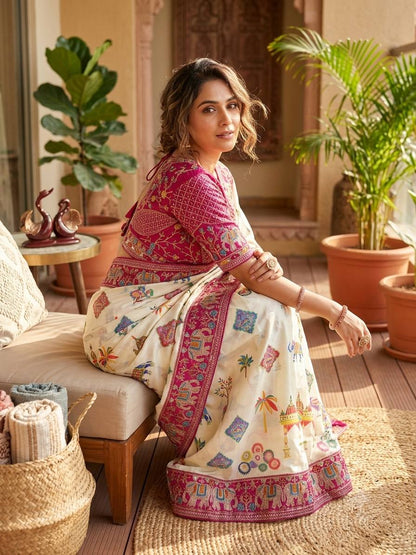 Elegant Printed Chinnon Silk Saree with Sequin Embroidery Work Stich Blouse