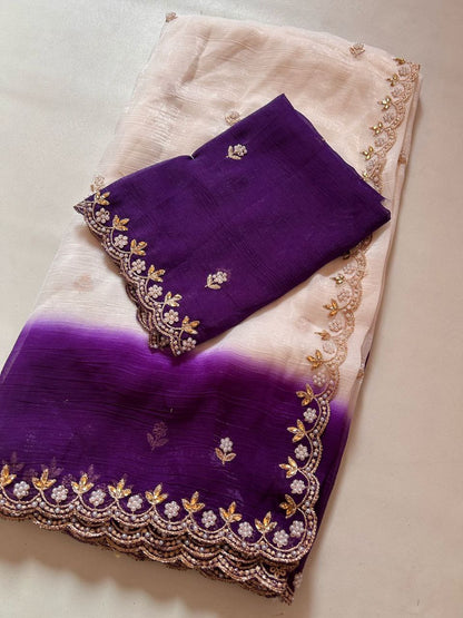 New Fancy Chiffon Crush Silk Embroidery Worked Saree With Cut Worked