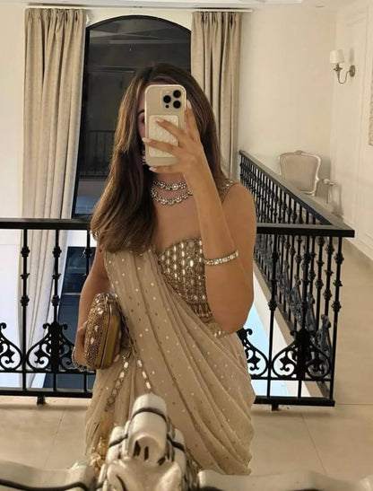 Cream Colour Thead Work Georgette Wedding Wear Lehenga Saree