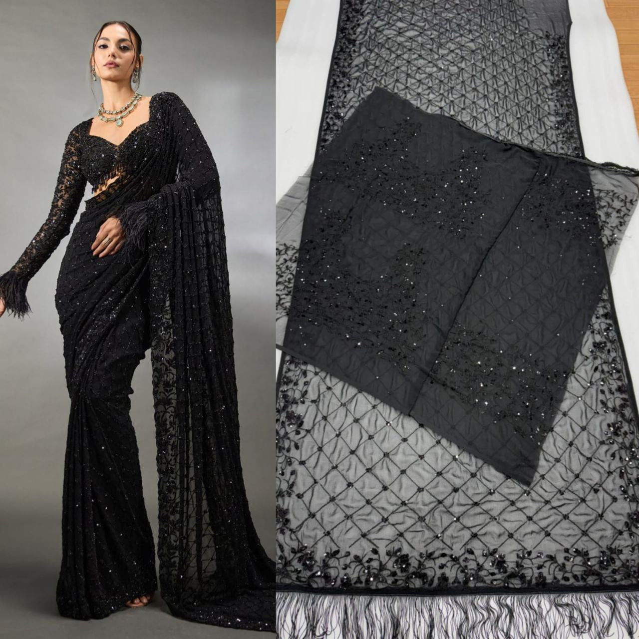 Party Wear Black Georgette Sequence Worked Saree With Designer Blouse