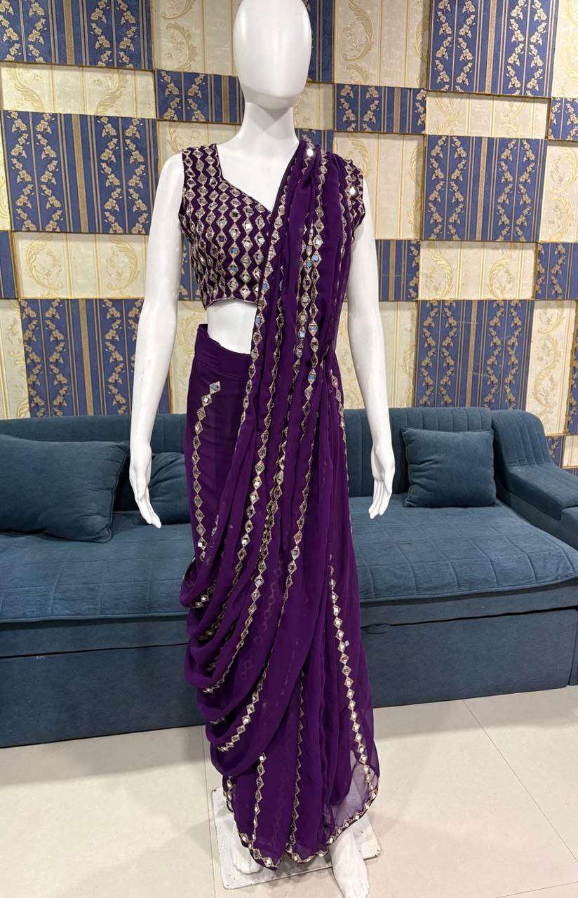 Grand Wedding Wear Embroidary & Mirror Work Faux Georgette Saree