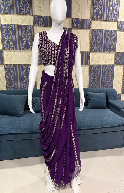 Grand Wedding Wear Embroidary & Mirror Work Faux Georgette Saree