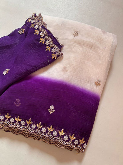 New Fancy Chiffon Crush Silk Embroidery Worked Saree With Cut Worked