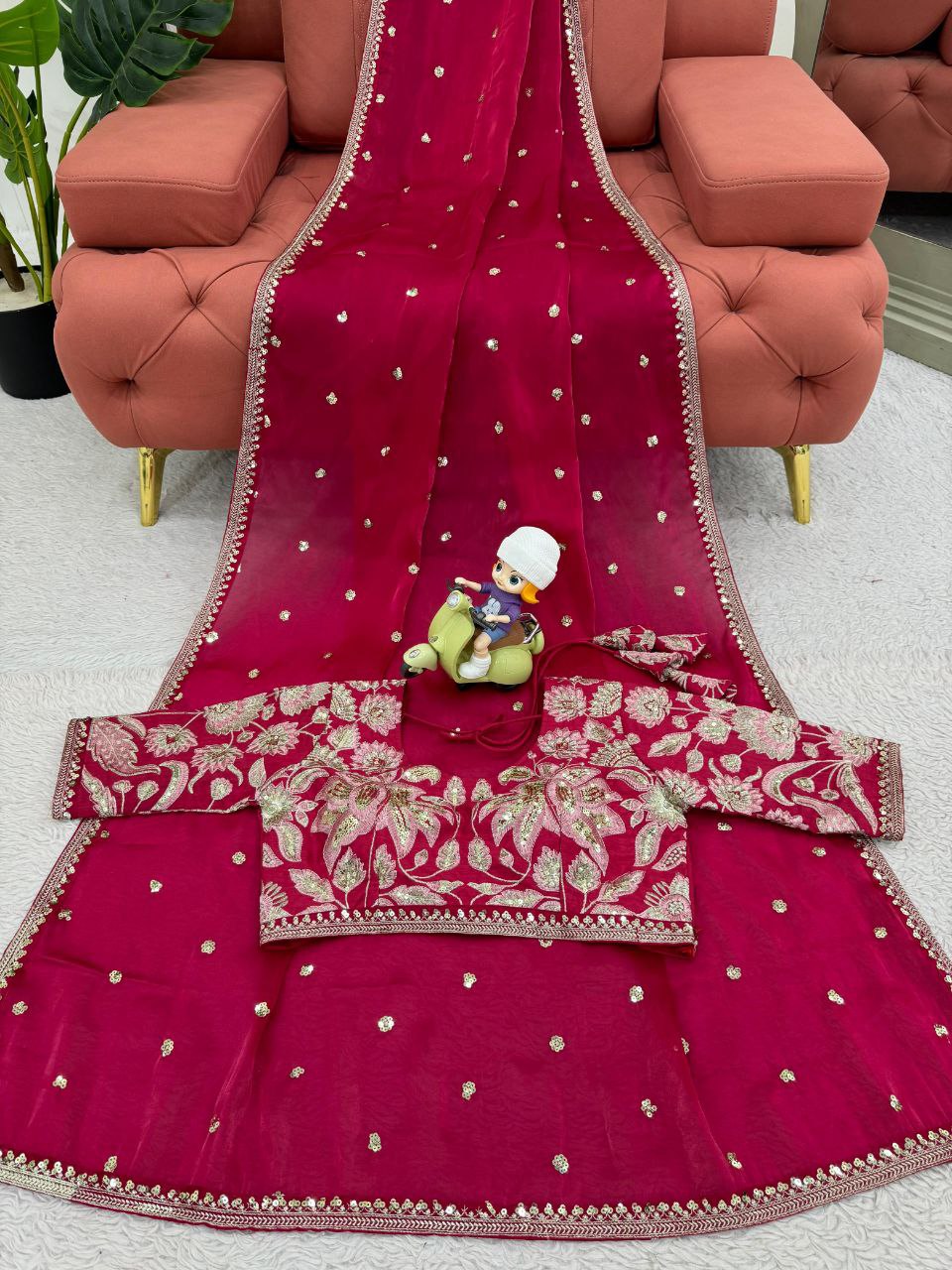 Elegance Pink Cherry Jimmy Chu Silk Sequence Work Saree With Heavy Fancy Blouse