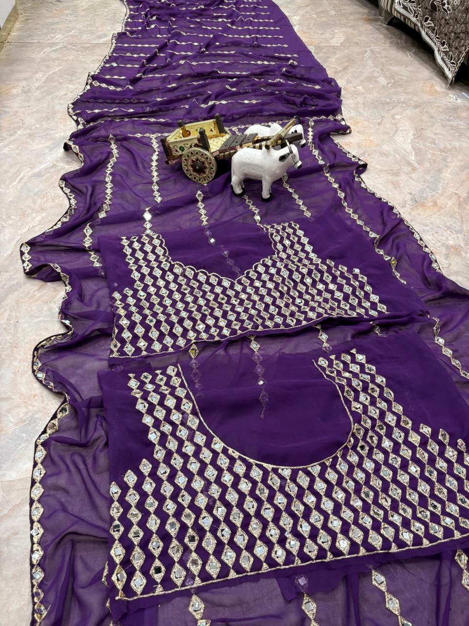 Grand Wedding Wear Embroidary & Mirror Work Faux Georgette Saree
