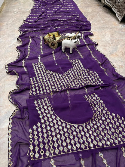 Grand Wedding Wear Embroidary & Mirror Work Faux Georgette Saree