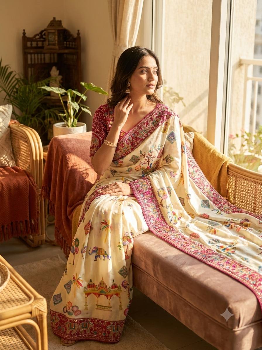 Elegant Printed Chinnon Silk Saree with Sequin Embroidery Work Stich Blouse
